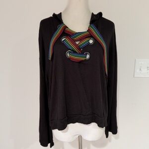 Vintage Havana Rainbow Stripe Trim Lace Up Hoodie Sz Medium